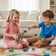 A boy and girl sit on a rug playing happily with multiple dinosaur action figures, including a large Pachycephalosaurus.