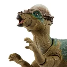Extreme close-up of the Pachycephalosaurus action figure's head, neck, and arms against a white background.