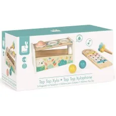 Box packaging for the Janod Tap Tap Xylo wooden hammer bench and xylophone musical toy.