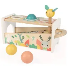 Janod Tap Tap Xylo wooden toy featuring a xylophone, pounding bench, mallet, and colorful forest animal designs.