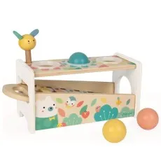 Janod Tap Tap Xylo wooden toy, a combo pounding bench and xylophone with colorful forest animal art.