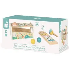 Product box for the Tap Tap Xylophone toy showing the white wooden set and colorful balls.