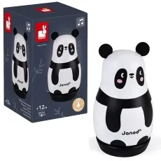 Janod wooden music box panda toy, shown unboxed next to its dark gray and red packaging.