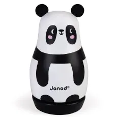 Black and white wooden panda toy with pink cheeks and a black base, designed to play music.j