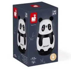 Box packaging for the Janod wooden musical panda tumbler toy, featuring the toy on a dark blue background.