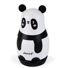 The Janod musical panda tumbler toy, a bell-shaped wooden figure with black ears and eye patches.