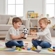 Two happy toddlers playing with the Janod wooden panda musical tumbler toy on a colorful rug.