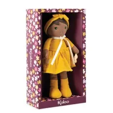 Kaloo fabric doll in a yellow dress packaged in a decorative box with a floral pattern and window.