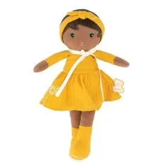 Kaloo fabric doll with brown skin, dark hair, and a mustard yellow dress with a daisy embroidery.
