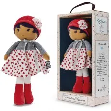 Kaloo fabric doll in a red beret and heart-print skirt, shown unboxed and sealed in its display box.