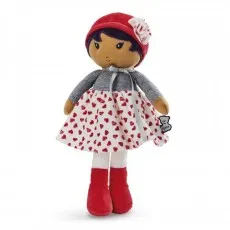 Full-body shot of the Kaloo fabric doll wearing a red beret, gray top, and white skirt with red hearts.