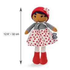 Kaloo fabric doll in a red beret and heart-print dress, showing its height as $12.6'' 32 text{ cm}