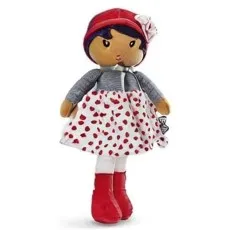 Kaloo fabric doll with red boots, gray sweater, and a white skirt patterned with red hearts.