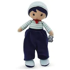 Full-body shot of the Kaloo fabric boy doll in a striped top, blue pants, and striped hat..