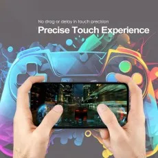 Hands using a phone for gaming, promoting precise touch experience.