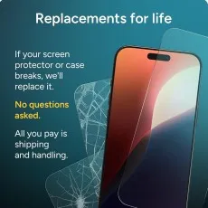Phone with new protector over broken shields, promoting lifetime warranty.