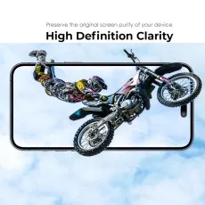 Phone displaying a motocross stunt, emphasizing clear screen protection