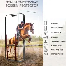 Screen protector showing clarity over phone displaying horse jumping.