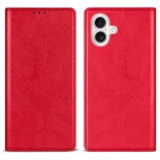 Red faux leather flip phone case shown closed and open.