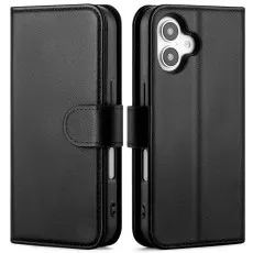 Black faux leather flip phone case shown closed and open.