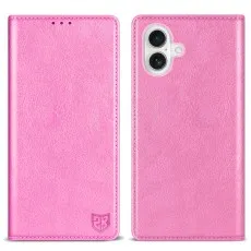 Pink faux leather flip phone case shown closed and open.