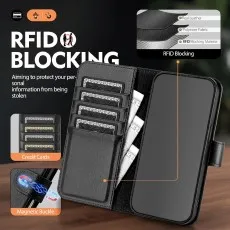 Black folio phone case features magnetic buckle and RFID protection.