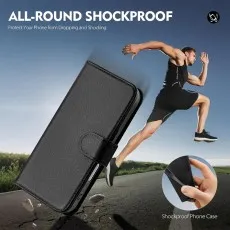 Black phone case promoting all-round shockproof protection against drops.