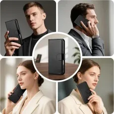 Black phone wallet case used by men and women in various settings.