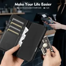 Phone flip case holding credit cards and cash, simplifying payments.