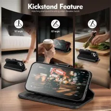 Wallet phone case being used as a multi-angle kickstand for viewing.