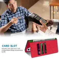 Red Wallet phone case with card slots. Man paying in background with credit card.