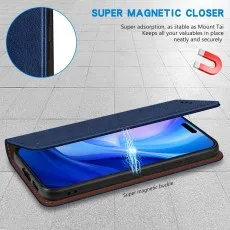 Close-up of a blue phone case showing the magnetic buckle and closure strength.