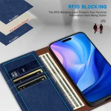 Dark blue folio phone case displayed closed and open, showing camera cutout.