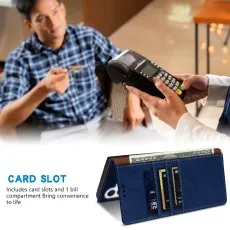 Wallet phone case with card slots. Man paying in background with credit card.