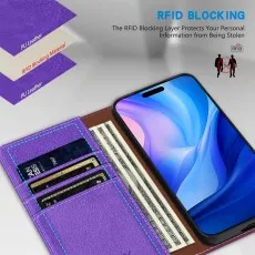 Dark purple folio phone case displayed closed and open, showing camera cutout.