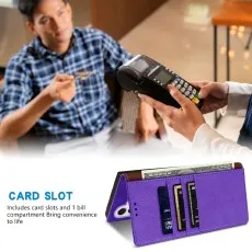 Purple Wallet phone case with card slots. Man paying in background with credit card.