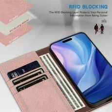 Dark rose folio phone case displayed closed and open, showing camera cutout