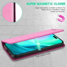 Close-up of a pink phone case showing the magnetic buckle and closure strength.