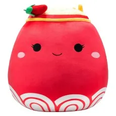 Red, round Squishmallow plush styled like a spicy ramen bowl with a chili..