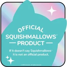 Official Squishmallows product label in teal with cat-ear shape and text