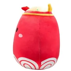 Profile view of a red, round ramen bowl-themed Squishmallow plush toy.
