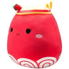 Slightly angled view of the red ramen bowl Squishmallow plush with a smile.