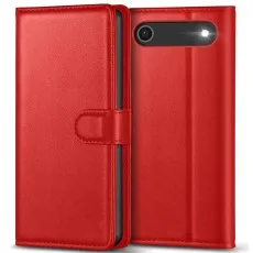 Red leather flip case for iPhone 17 Air, shown closed and open.