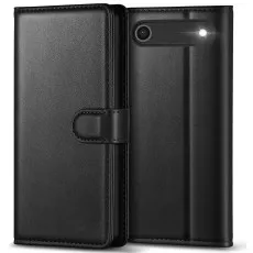Black leather flip case for iPhone 17 Air, shown closed and open.