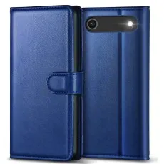 Blue leather flip case for iPhone 17 Air, shown closed and open.