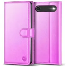 Pink leather flip case for iPhone 17 Air, shown closed and open.