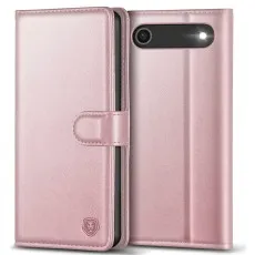 Rose leather flip case for iPhone 17 Air, shown closed and open.