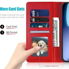 Red iPhone 17 Air case open, showing 4 card slots, bill pocket, and ID window.