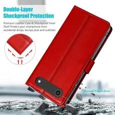 Red leather case demonstrating Double-Layer Shockproof Protection from drops.