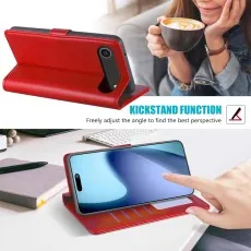 Red leather case used as a kickstand for the iPhone 17 Air.